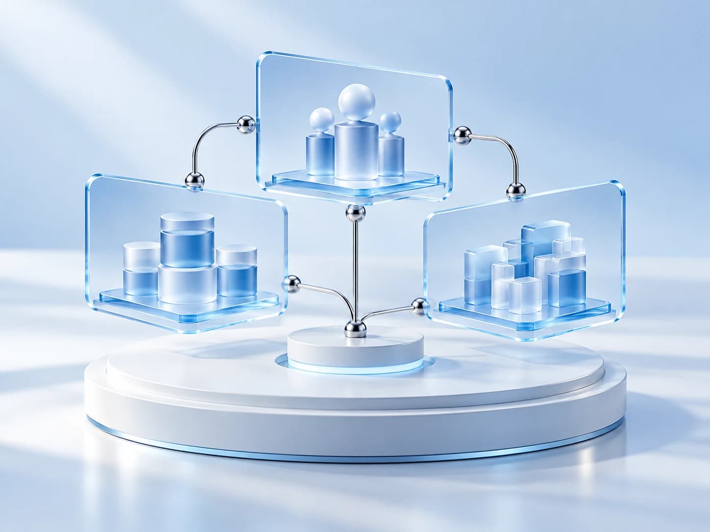 Connected abstract workspaces in the blue and white MFX visual identity